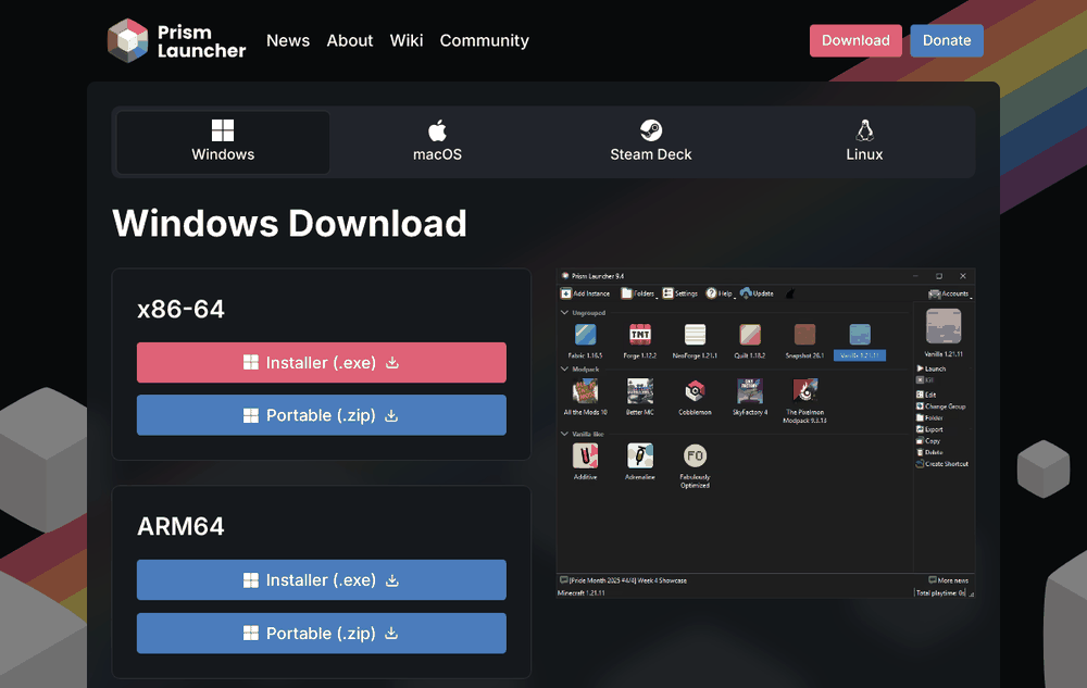 The Prism Launcher download page with installers for Windows, macOS and Linux