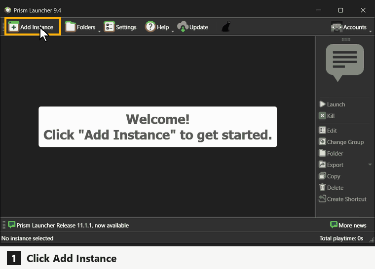 Animation: in Prism click Add Instance, choose Import, press Browse, pick the zip and press OK