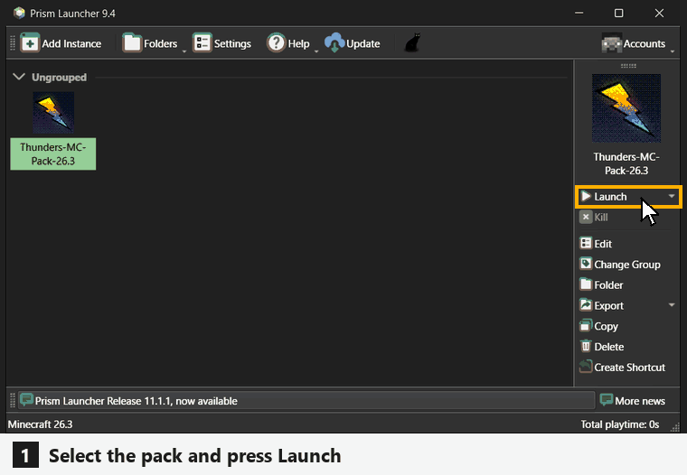 Animation: select the pack in Prism, press Launch, wait for the mods, open Multiplayer and join Thunder's Server